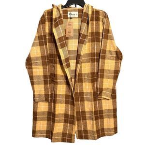 NWT Rhea Heather Hoodie Shrug Coat in Mustard/Brown Plaid Cotton Size Sm/M